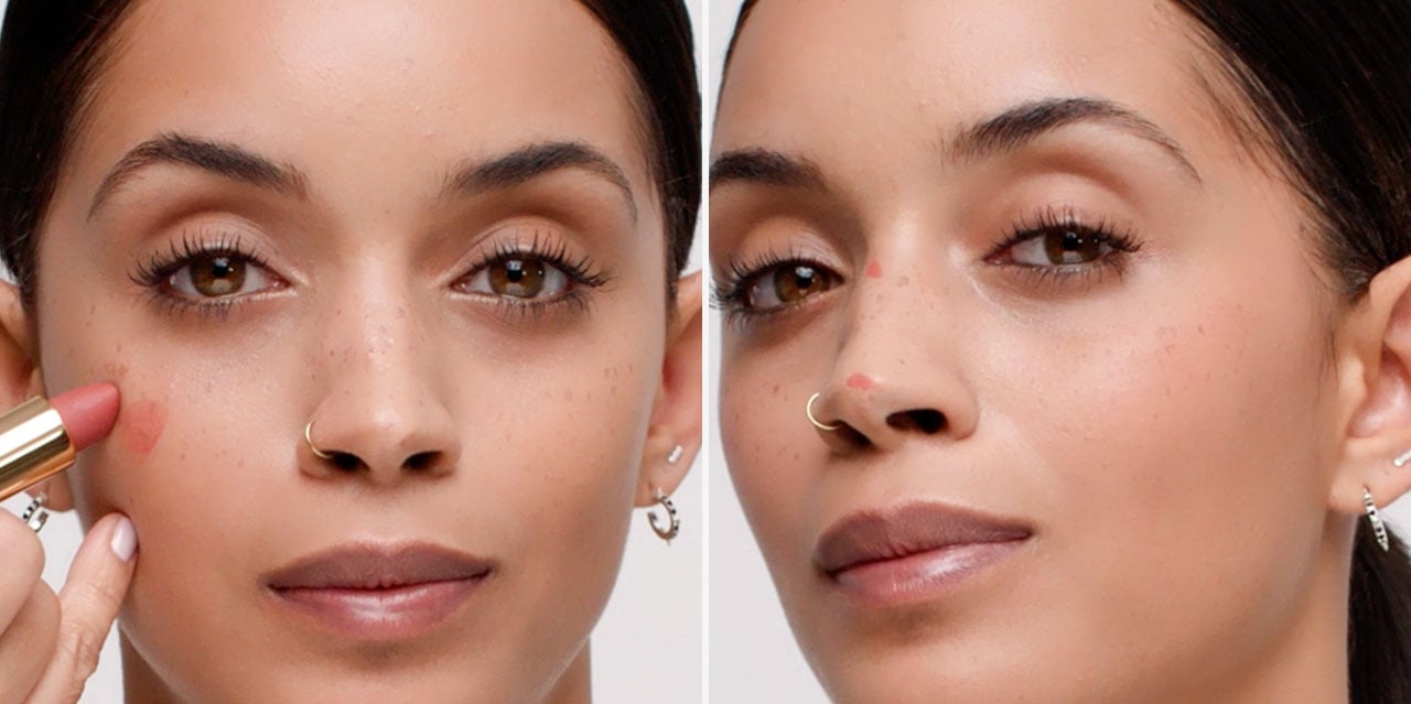Side by side of soft matte blushing nude lipstick applied to cheeks and nose for a no makeup makeup look